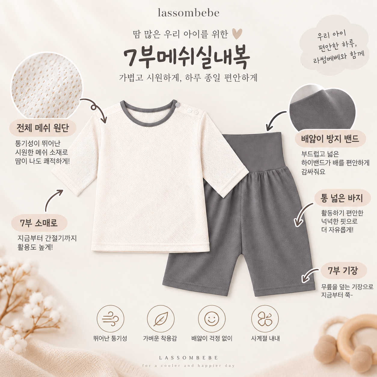 라썸베베 7부 메쉬 배앓이방지 실내복 아기 유아 아동 매쉬 봄 여름 가을 칠부 간절기