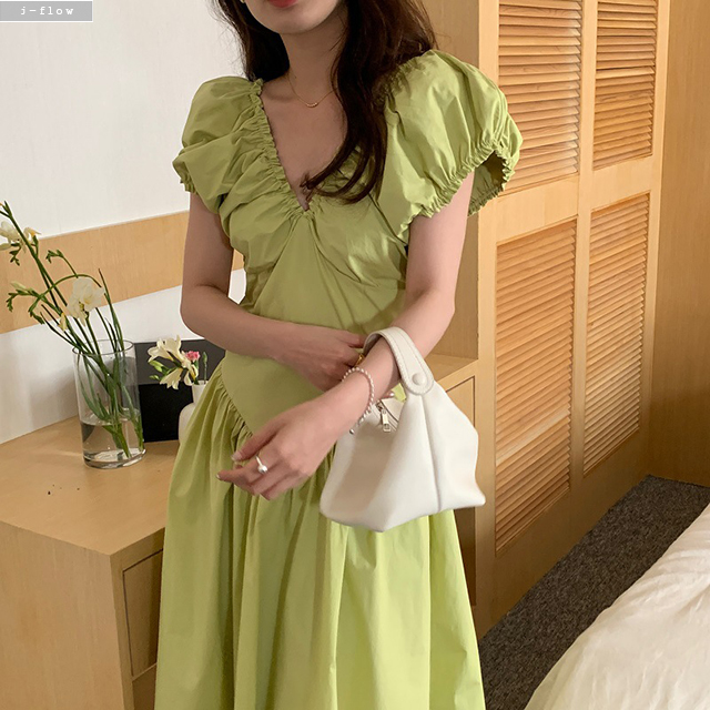 핀치 프릴 브이넥 코튼 롱 원피스 2col 여름 백리스 바스락 퍼프 밴딩 제이플로우 - 상세 이미지 2