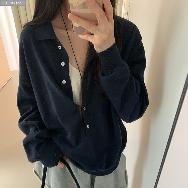 제이플로우 베이리 딥 헨리 카라넥 루즈핏 울 니트 버튼 스웨터