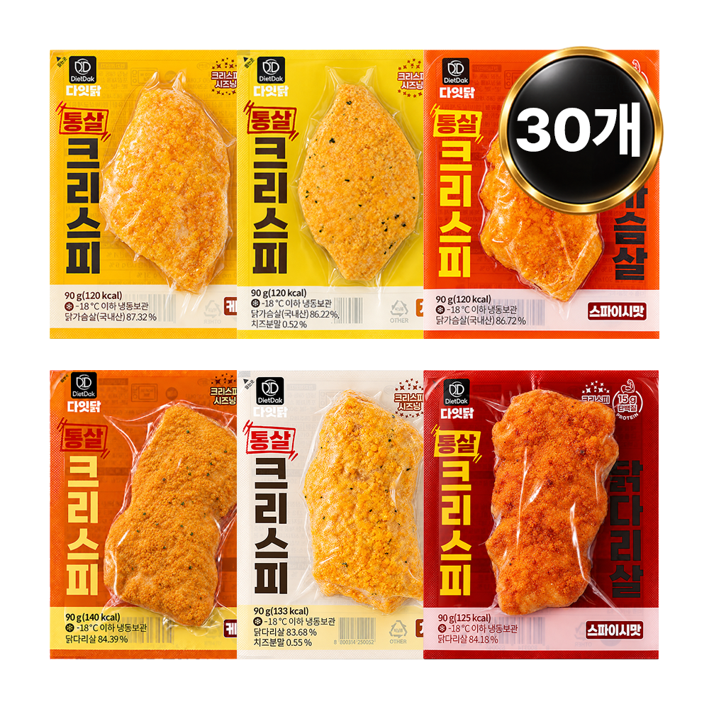 [핫세일] 다잇닭 통살 크리스피 닭가슴살+닭다리살 혼합 6종, 90g, 30개 - 상품 이미지