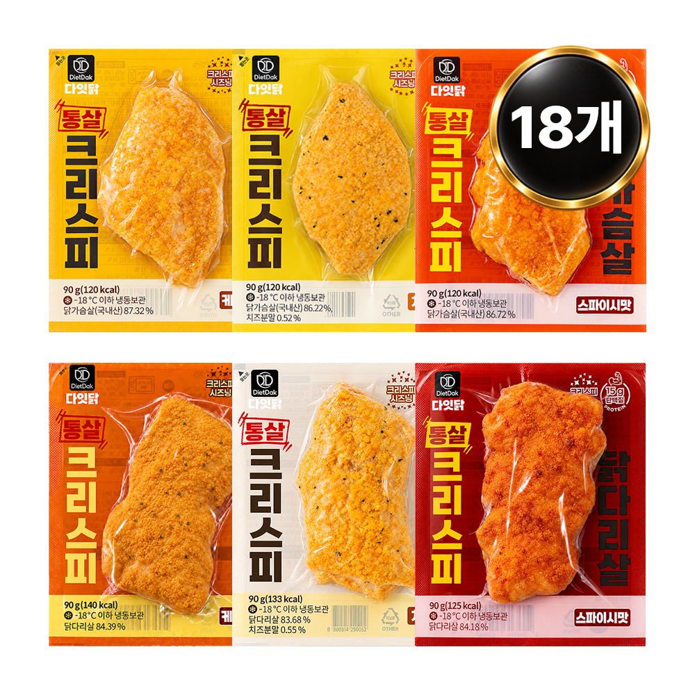 [핫세일] 다잇닭 통살 크리스피 닭가슴살+닭다리살 혼합 6종, 90g, 18개 - 상품 이미지