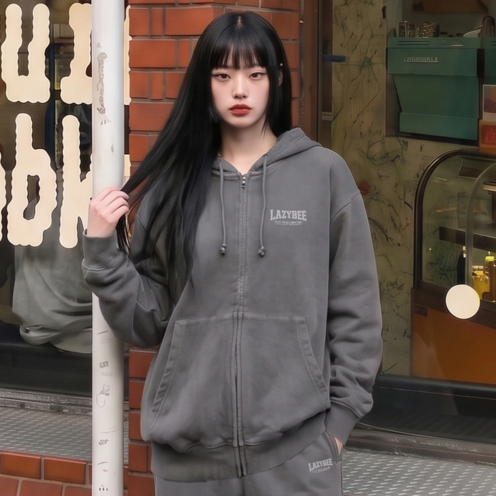 트랙 피그먼트 루즈핏 여성 남자 후드 집업 차콜 이미지 8