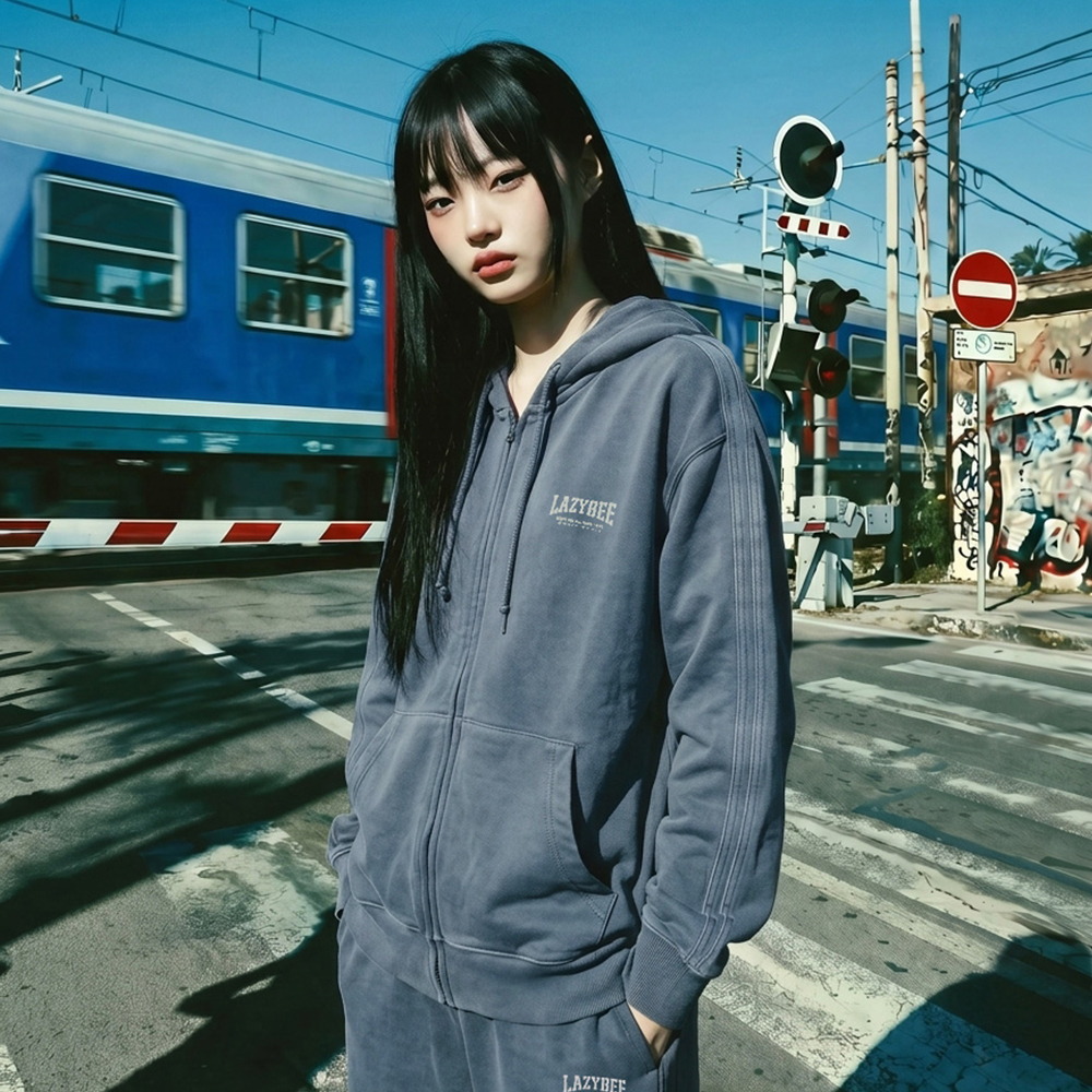 트랙 피그먼트 루즈핏 여성 남자 후드 집업 네이비 이미지 8