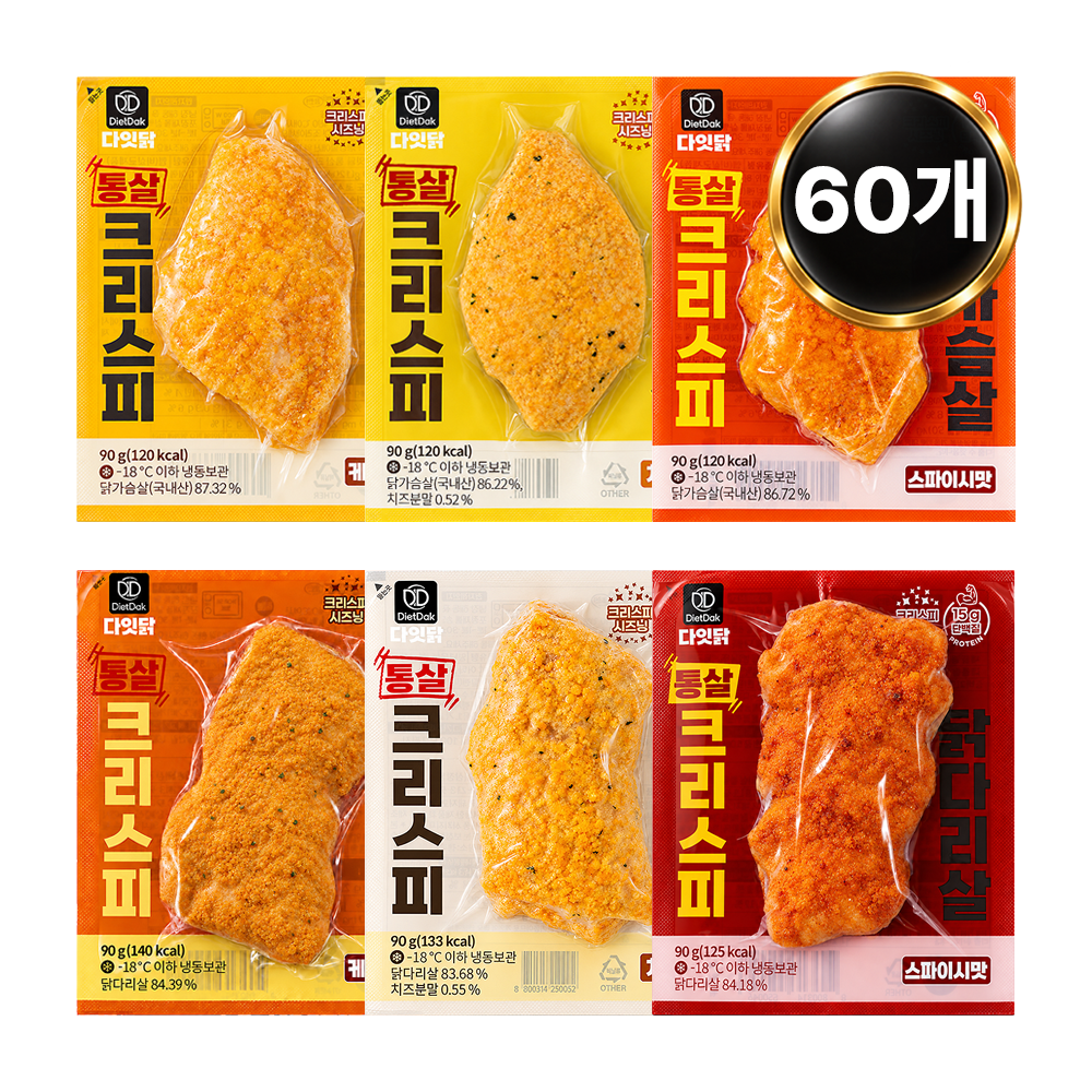 다잇닭 통살 크리스피 닭가슴살+닭다리살 혼합 6종, 90g, 60개 - 상품 이미지