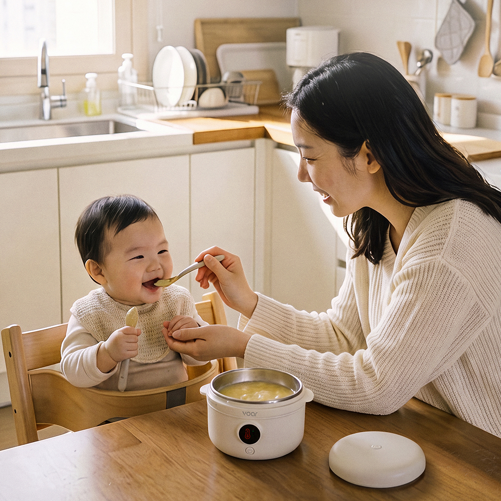 엄마가 주방 식탁에서 아기에게 워머로 데운 이유식을 숟가락으로 떠먹이는 모습