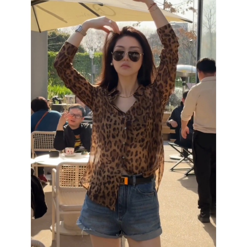 여성 시스루 블라우스 여름 셔츠 레오파드 - 상품 이미지