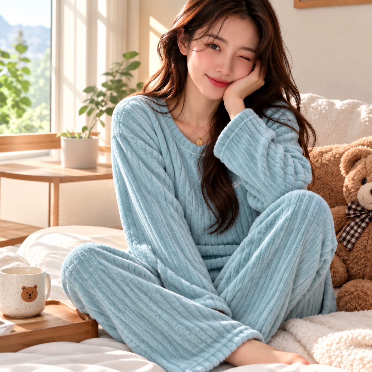 여성 잠옷 상하세트 극세사 빅사이즈 3.골지-블루 - 상품 이미지