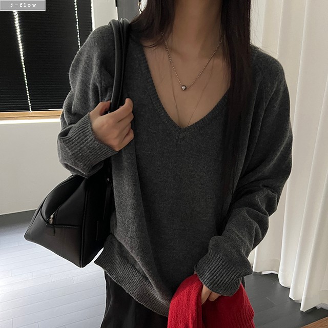 차일 딥브이넥 오버핏 하프 울 니트 5col 가을 봄 레이어드 루즈핏 풀오버 제이플로우 - 상세 이미지 2