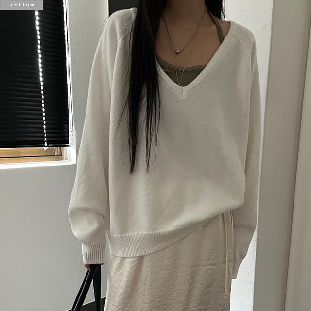 차일 딥브이넥 오버핏 하프 울 니트 5col 가을 봄 레이어드 루즈핏 풀오버 제이플로우 - 상세 이미지 4