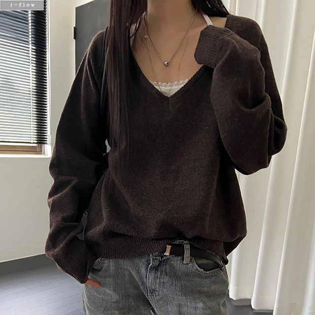 차일 딥브이넥 오버핏 하프 울 니트 5col 가을 봄 레이어드 루즈핏 풀오버 제이플로우 - 상세 이미지 3