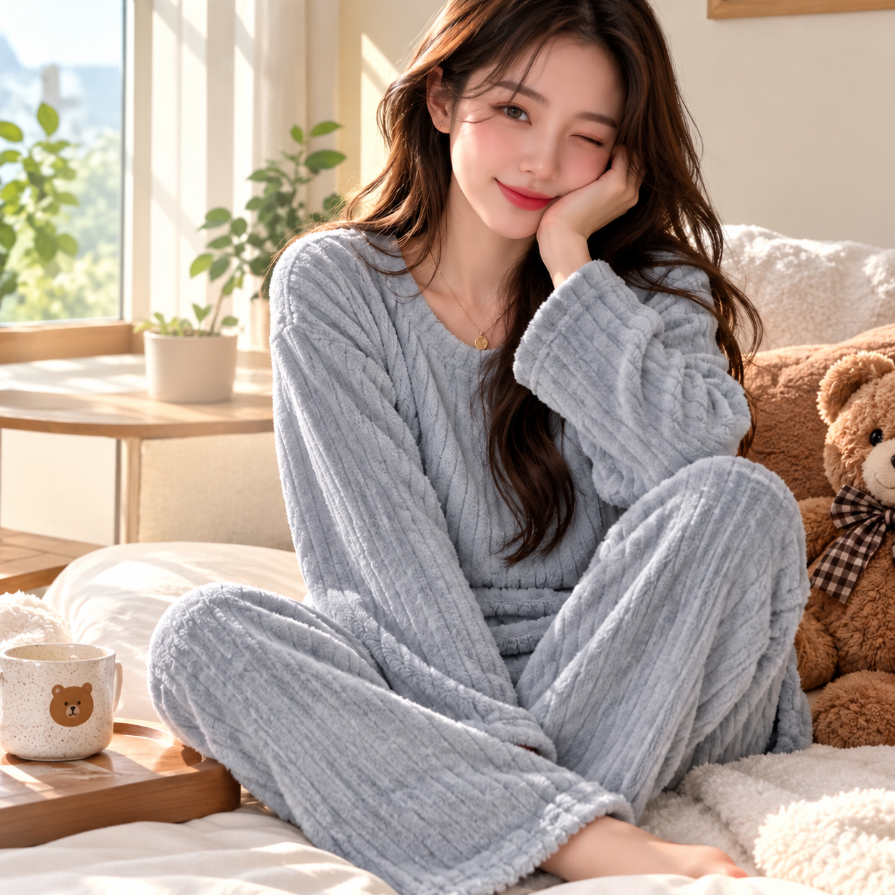 여성 잠옷 상하세트 극세사 빅사이즈 1.골지-그레이 - 메인 이미지