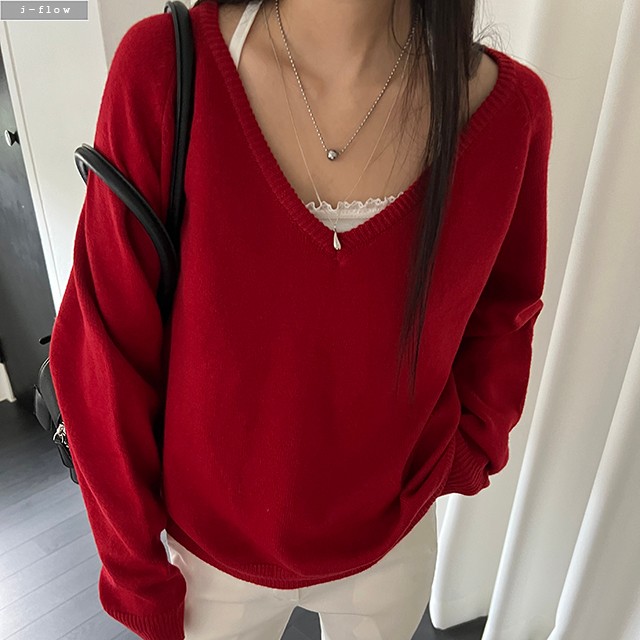 차일 딥브이넥 오버핏 하프 울 니트 5col 가을 봄 레이어드 루즈핏 풀오버 제이플로우 - 상세 이미지 5