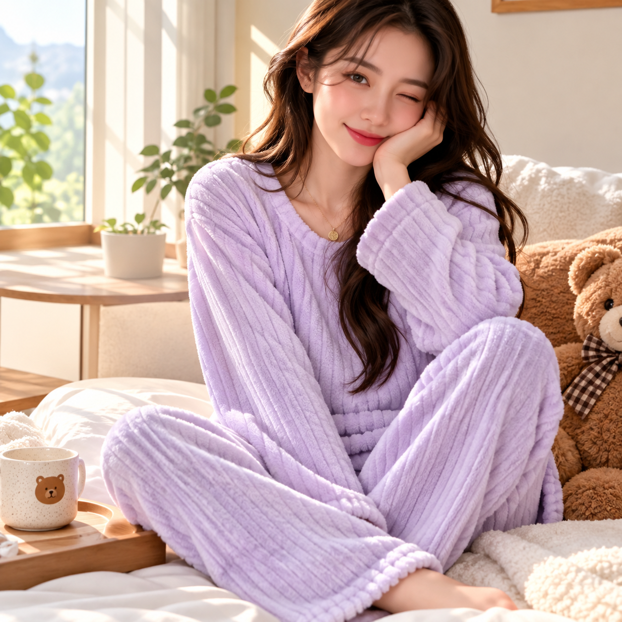 여성 잠옷 상하세트 극세사 빅사이즈 2.골지-퍼플 - 메인 이미지