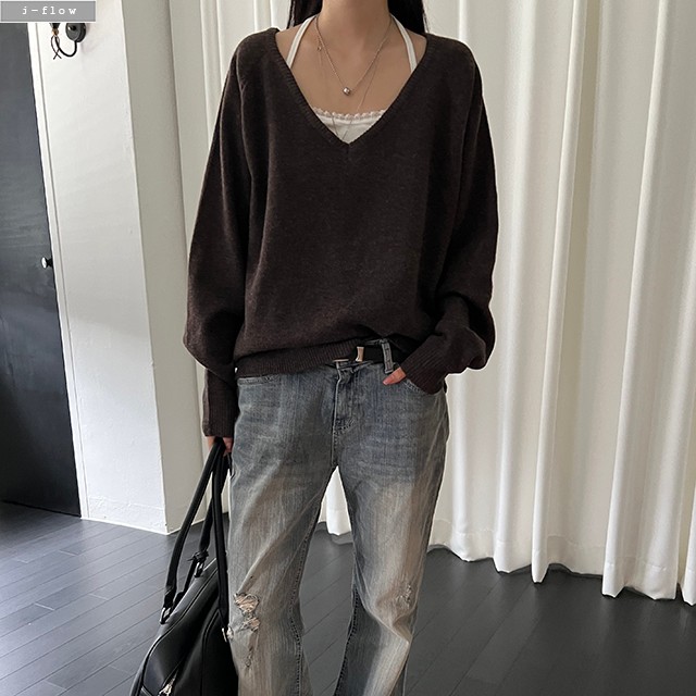 차일 딥브이넥 오버핏 하프 울 니트 5col 가을 봄 레이어드 루즈핏 풀오버 제이플로우 이미지 8