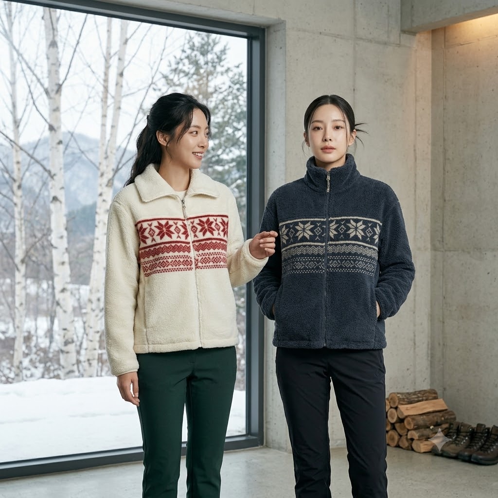 네파 겨울 여성 아웃도어룩 노르딕패턴 크루와펜 플리스 자켓 - 상세 이미지 2