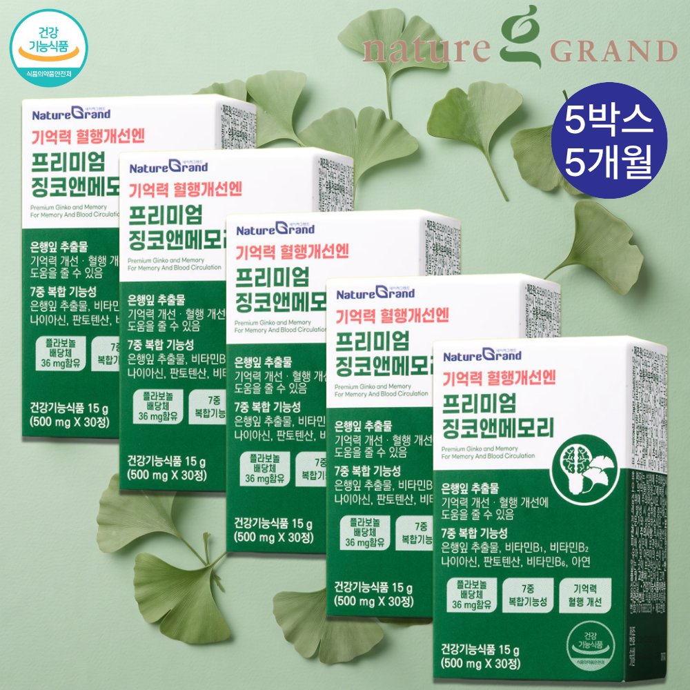 네이처그랜드 프리미엄 징코앤메모리 기억력 혈행 은행잎추출물 30정, 5개 - 상품 이미지