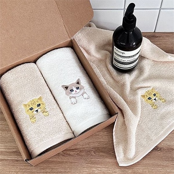 오코텍스 세면 타월 선물 2매 귀여운 고양이 자수 타월 흡수력 - 상품 이미지