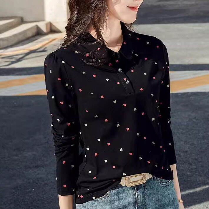 여성 긴팔 폴로셔츠 슬림핏 코튼 슬리브 편안한 착용감 중년 캐주얼 스타일 데일리 라펠 - 상품 이미지