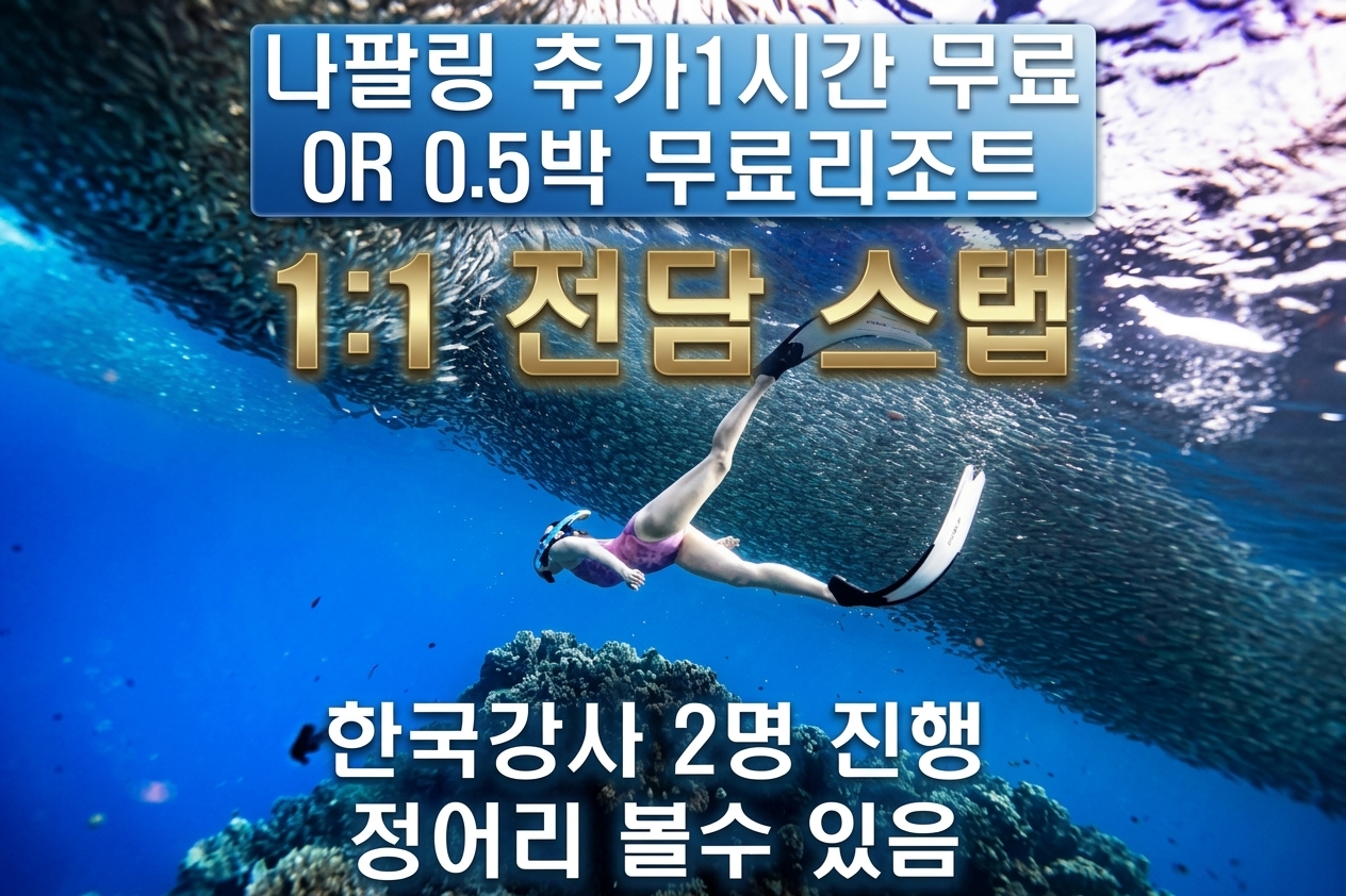 보홀 1대1전담스탭 무료0.5박 나팔링1H추가 한국강사2명 체험프리다이빙 강습 정어리 스냅