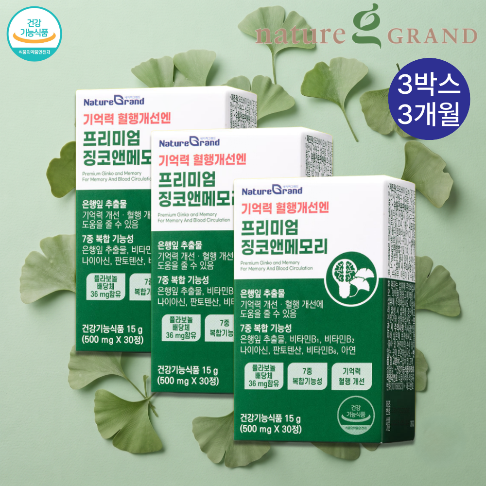 네이처그랜드 프리미엄 징코앤메모리 기억력 혈행 은행잎추출물 30정, 3개 - 상품 이미지