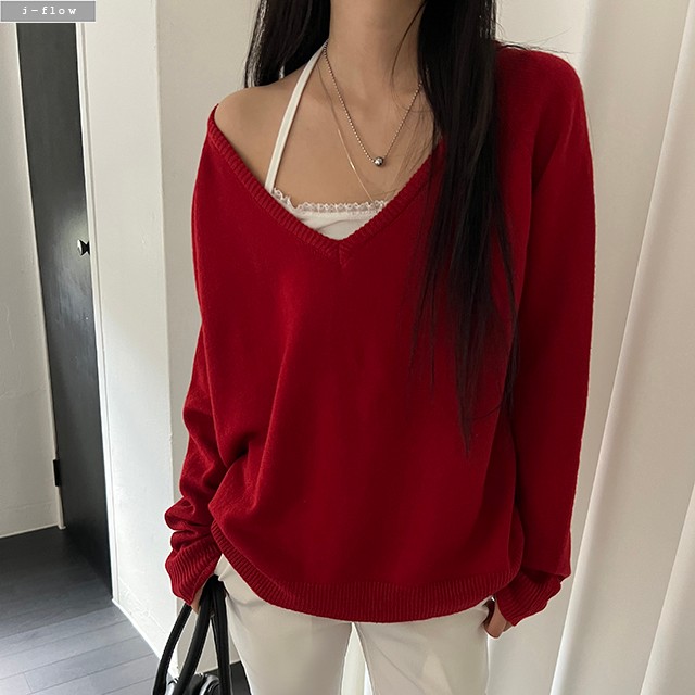 차일 딥브이넥 오버핏 하프 울 니트 5col 가을 봄 레이어드 루즈핏 풀오버 제이플로우 이미지 6