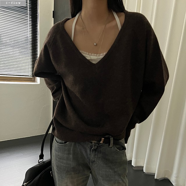 차일 딥브이넥 오버핏 하프 울 니트 5col 가을 봄 레이어드 루즈핏 풀오버 제이플로우 - 상품 이미지