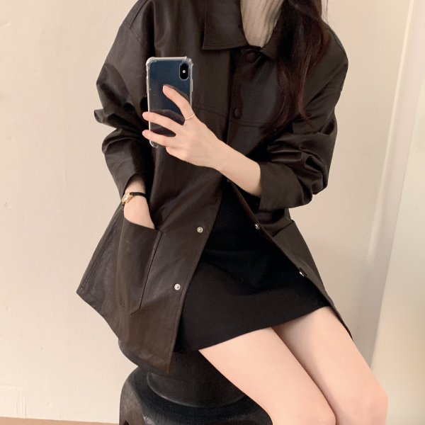 카라 오버핏 레더 하프 자켓 jk3104 - 상품 이미지