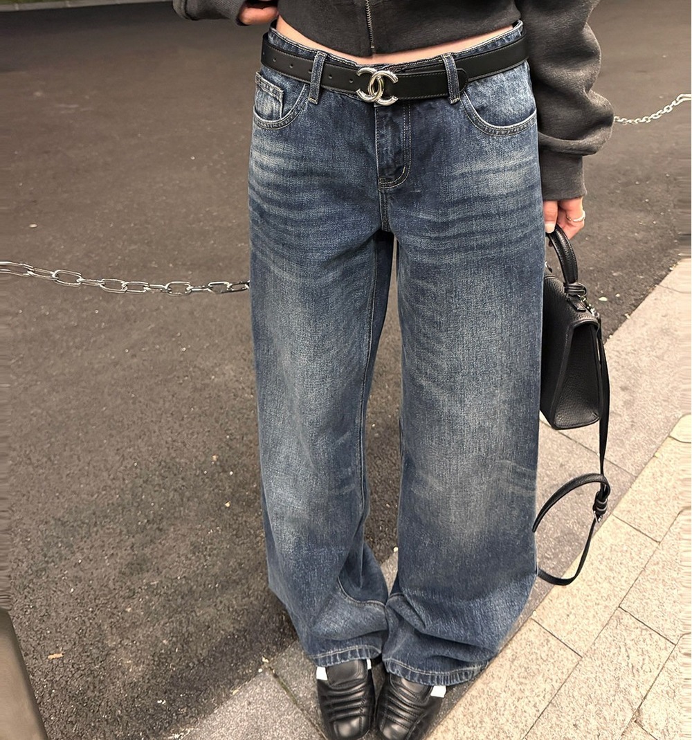 인디고 데님 스트레이트 코튼 세미와이드 청바지