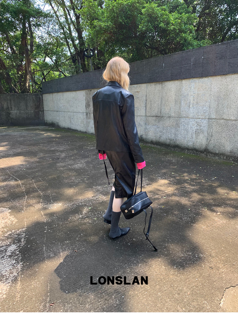 LONSLAN 가죽자켓 페이크 레더블루종 여성 봄 가을 자켓 - 상세 이미지 5
