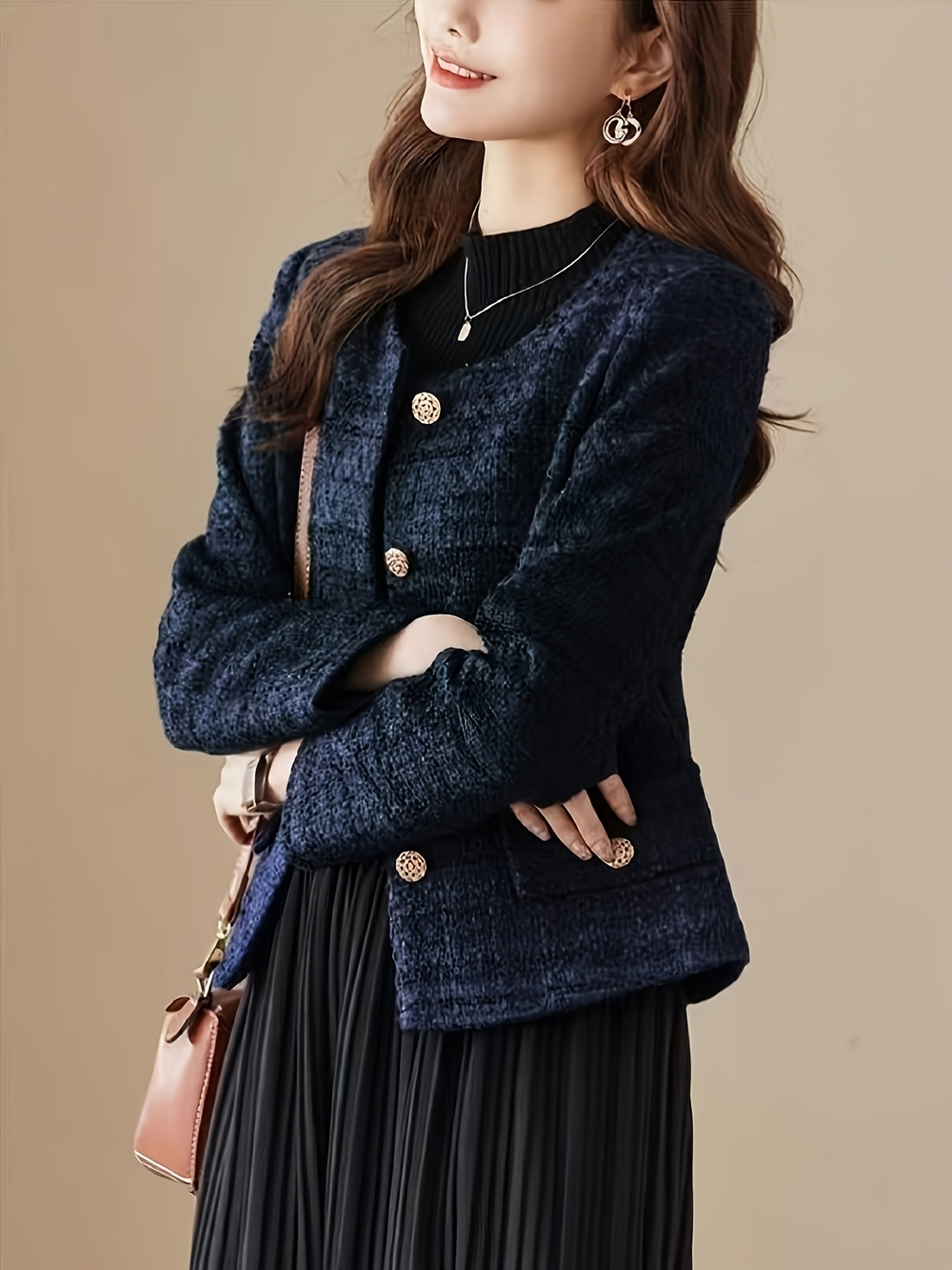 프렌치 스타일 여성 캐주얼 재킷 봄 가을 두꺼운 라운드넥 숏 탑 - 상세 이미지 5
