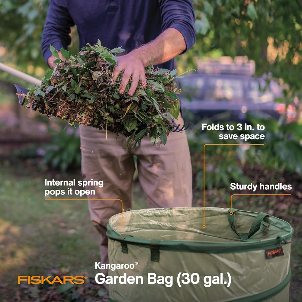 Fiskars 30갤런 캥거루 캔 접이식 팝업 정원 가방 | 잔디, 잡초 및 기타 잔디 쓰레기용 재사용 용기 낙엽 봉투, 찢김 곰팡이 방지, 보관 시 3인치로 접을 수 있음 - 상세 이미지 3