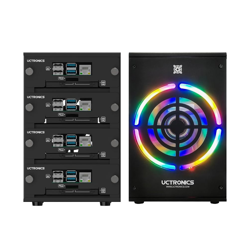라즈베리 파이용 UCTRONICS 데스크탑 클러스터 인클로저, 최대 4개의 PIS 및 2.5인치 SSD 지원, 전면 탈착식 트레이, 파이 5 / 4B 3B+ 3B용 12cm LED - 상품 이미지
