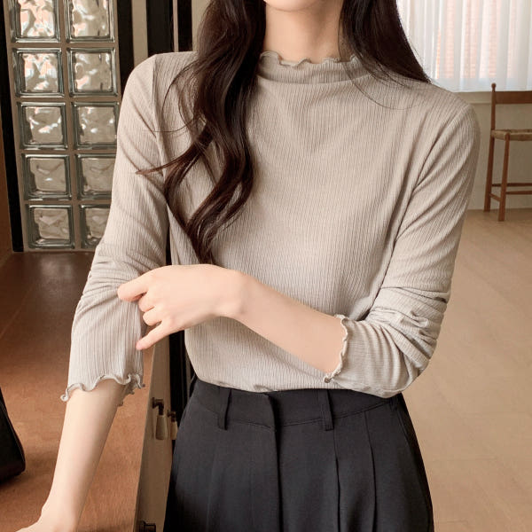 아뜨랑스 (국내제작) 물결 반하이넥 골지 스판 긴팔 티셔츠 ts5114