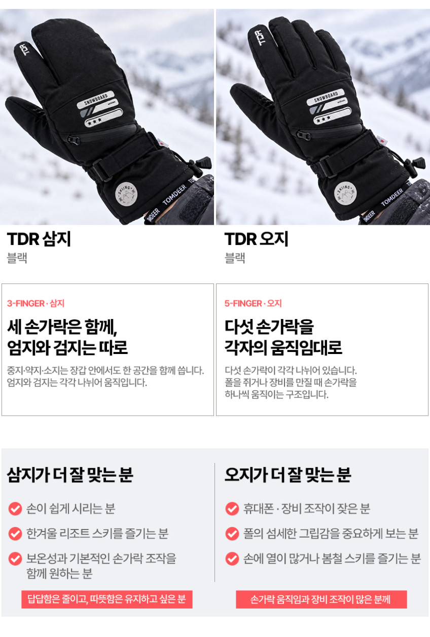 톰디어 겨울 보드 TDR 로고 스키장갑 방풍 방수 방한 장갑 판매처 상세 정보 이미지 2
