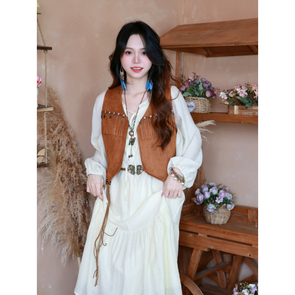 여성 태슬 조끼 웨스턴룩 히피 - 상품 이미지