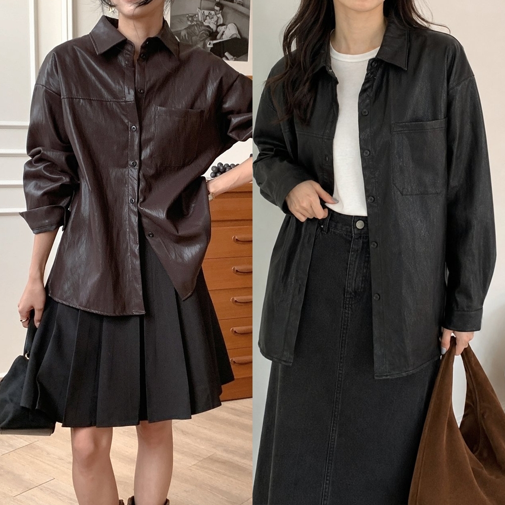 레더셔츠 가죽남방 여성 오버핏 루즈핏 긴팔 남방 자켓 - 상품 이미지