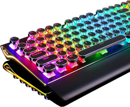 [해외]RK ROYAL KLUDGE S108 타자기 키보드 레트로 기계식 게이밍 유선 108키 RGB 백라이트 사이드라이트 분리형 손목 받침대 둥근 키캡 블루 스위치 blue sw