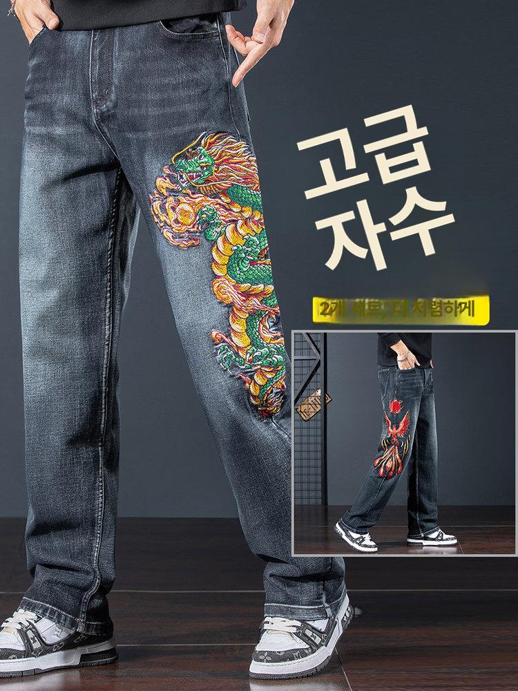 남성 호랑이 자수 청바지 루즈핏 고급 스판 데님 팬츠 스트레이트 레그 - 상품 이미지