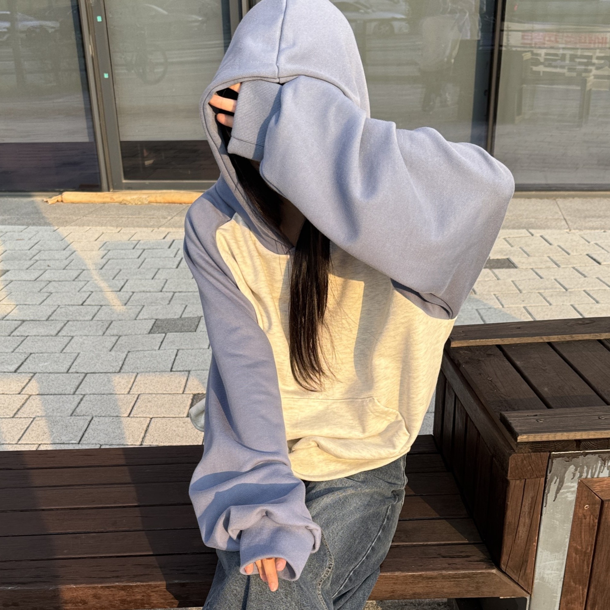 여성 배색 나그랑 후드 맨투맨 루즈핏 간절기 가을 후드티 캐주얼 데일리룩 래글런 긴팔티 - 상품 이미지