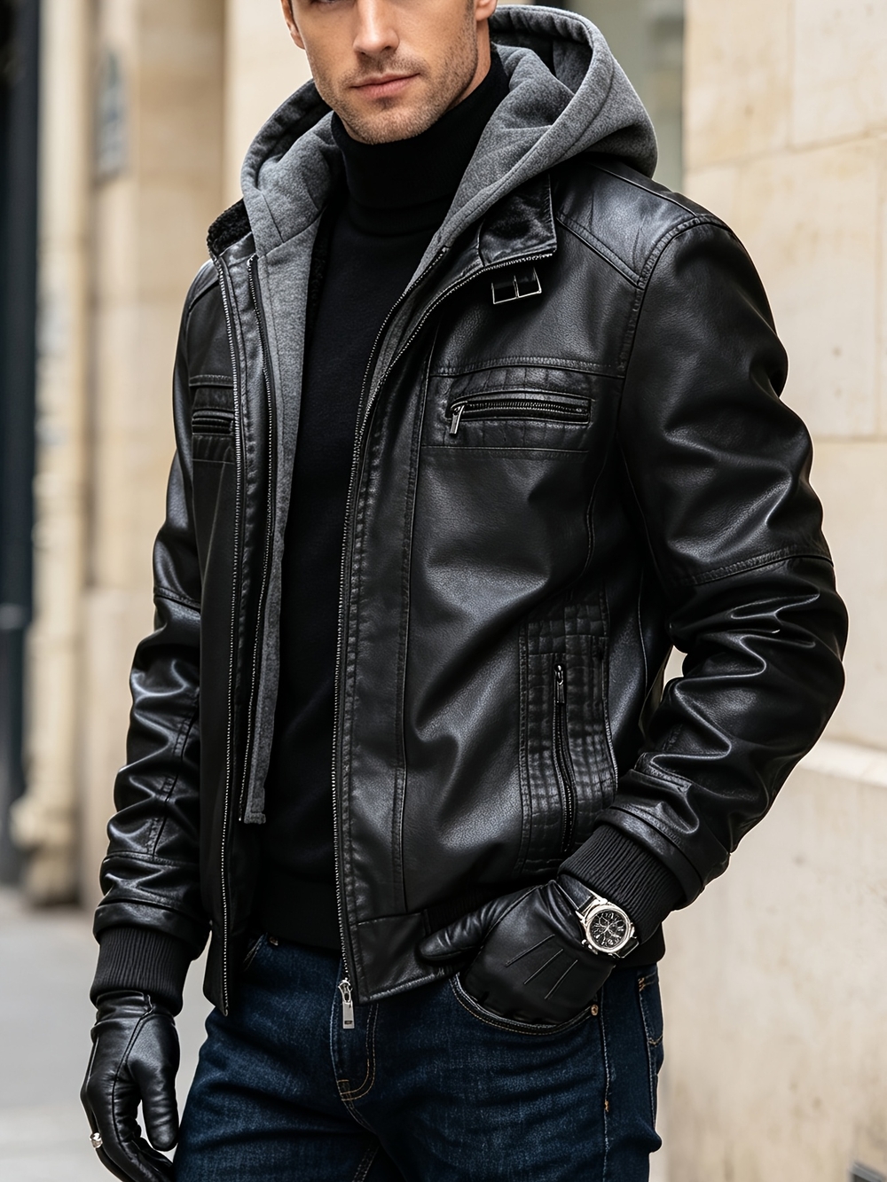 남성 후드 재킷 슬림핏 오토바이 코트 지퍼포켓 캐주얼 아우터 - 메인 이미지