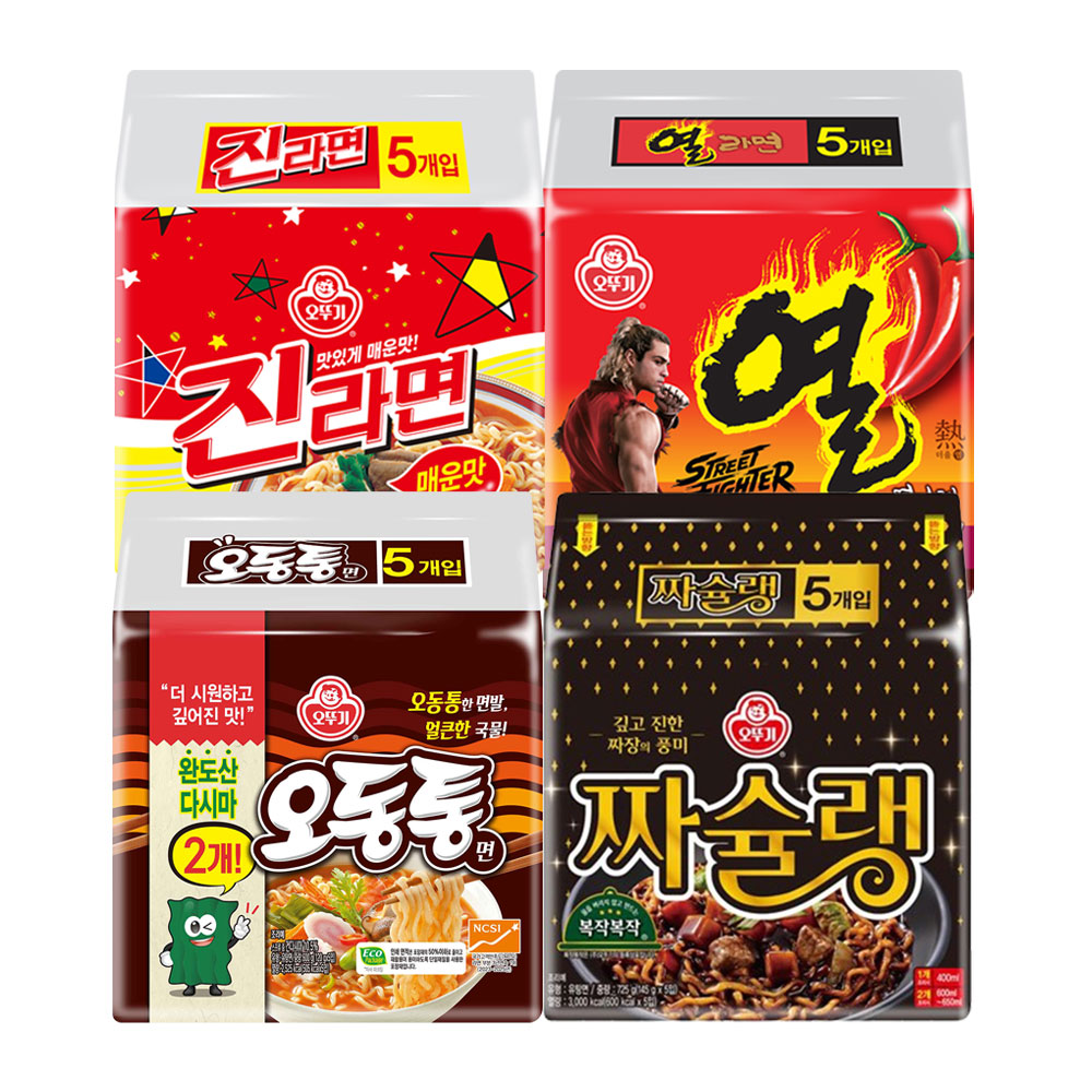 [네이버 타임특가] 오뚜기 진라면 매운맛 120g 5개+짜슐랭 145g 5개+오동통면 120g 5개+열라면 120g 5개