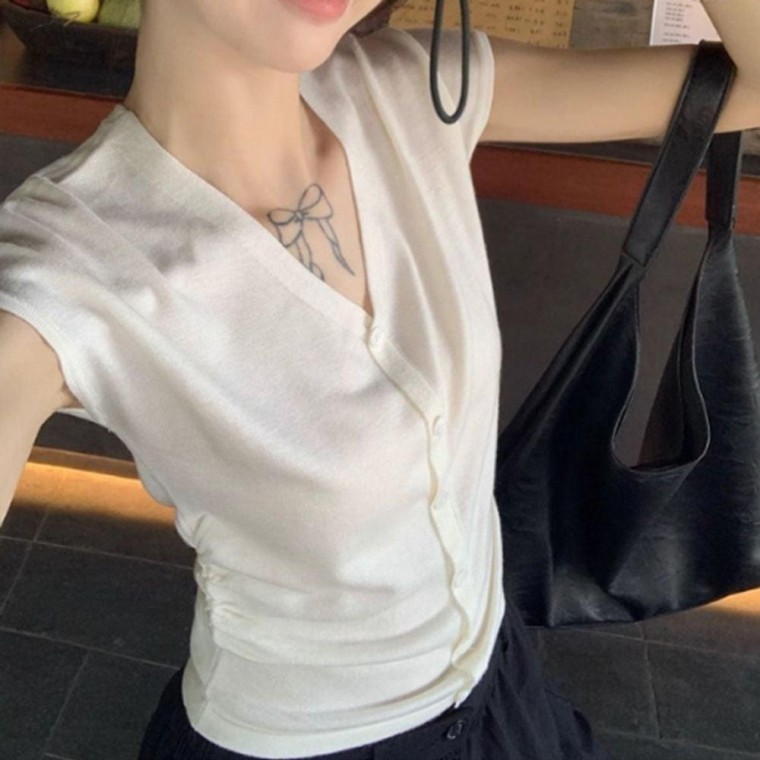 1P 반팔 셔링 니트티 여성 가디건 스타일 여름 티셔츠 레이어드 페이크 원픽 셀파 - 상품 이미지