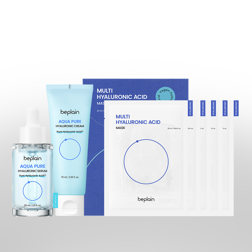 [수분SET] 비플레인 아쿠아 퓨어 히알루로닉 세럼30ml+크림70ml+멀티 히알루론산 마스크 5매 제품 이미지