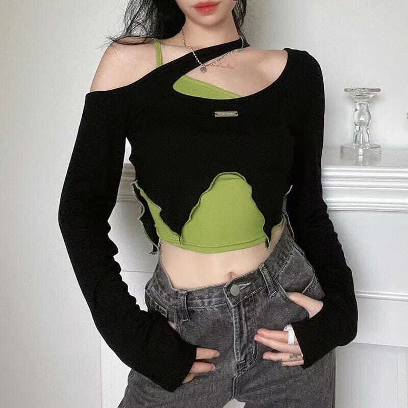 방송댄스 크롭 언발 나시 티 세트 오프숄더 크롭티 걸스힙합 댄스복 - 상품 이미지