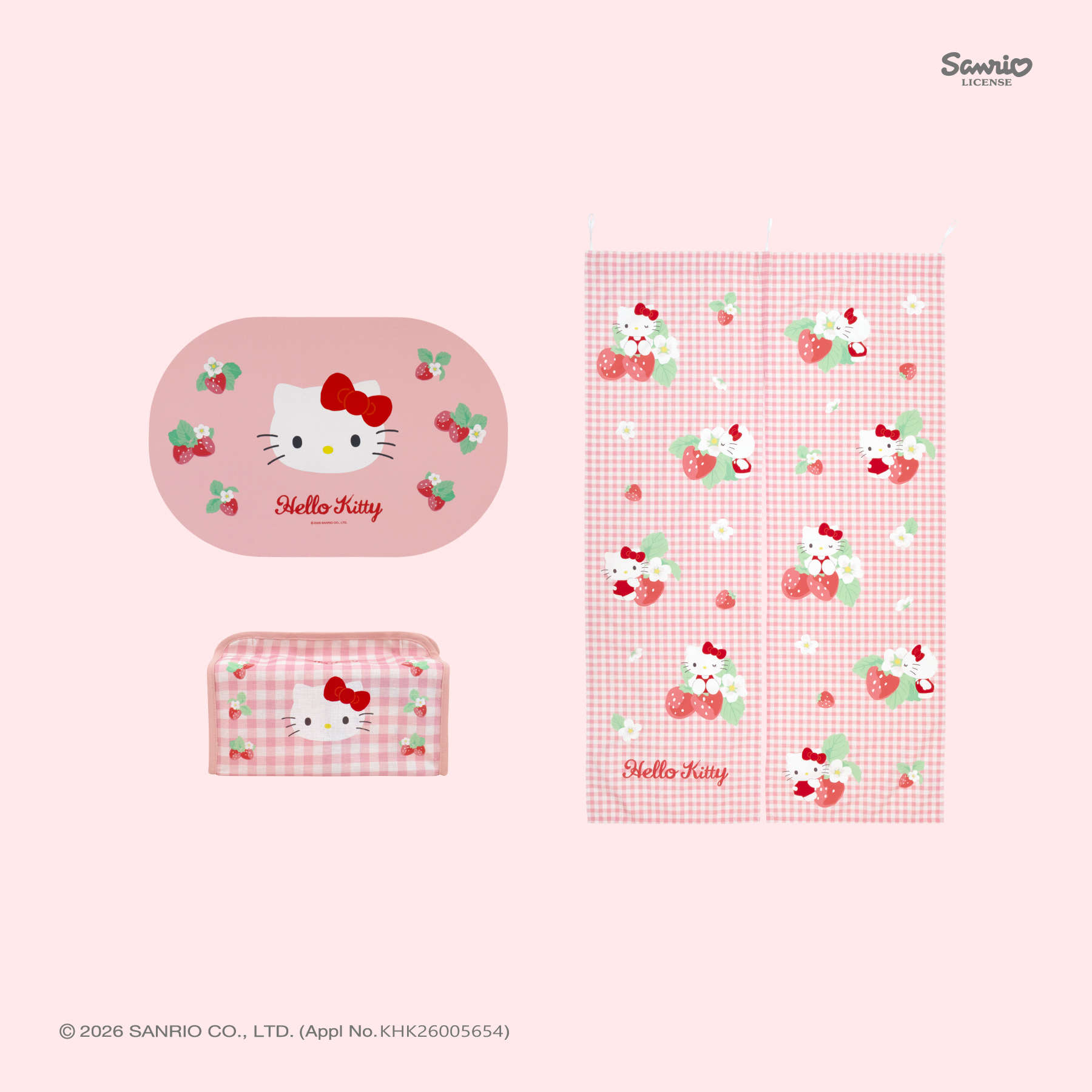 산리오 헬로키티 플라워베리 도어커튼+티슈케이스+규조토 러그(60cm) 세트 - 상품 이미지