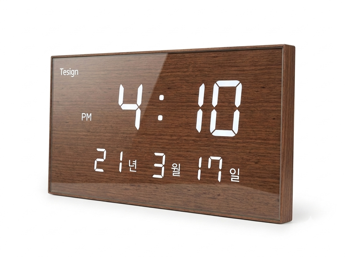 티자인(TESIGN) T-CAL FM 전파수신 달력 LED 벽시계 월넛브라운 - 상품 이미지
