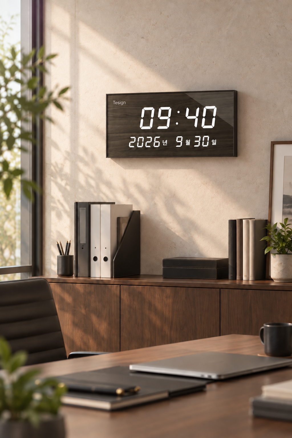 티자인(TESIGN) T-CAL FM 전파수신 달력 LED 벽시계 체리블랙 - 상세 이미지 2