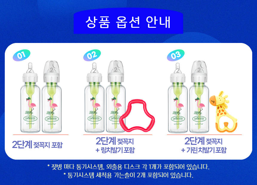 닥터브라운 오피셜 / 유리 데코 젖병 내로우넥 250ml 2개, 2단계꼭지,치발기 옵션선물 상품 이미지
