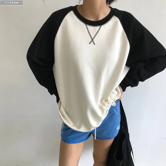 티론 라운드 오버핏 배색 나그랑 맨투맨 3col 가을 봄 코튼 스웻셔츠 레글런 제이플로우 - 상품 이미지