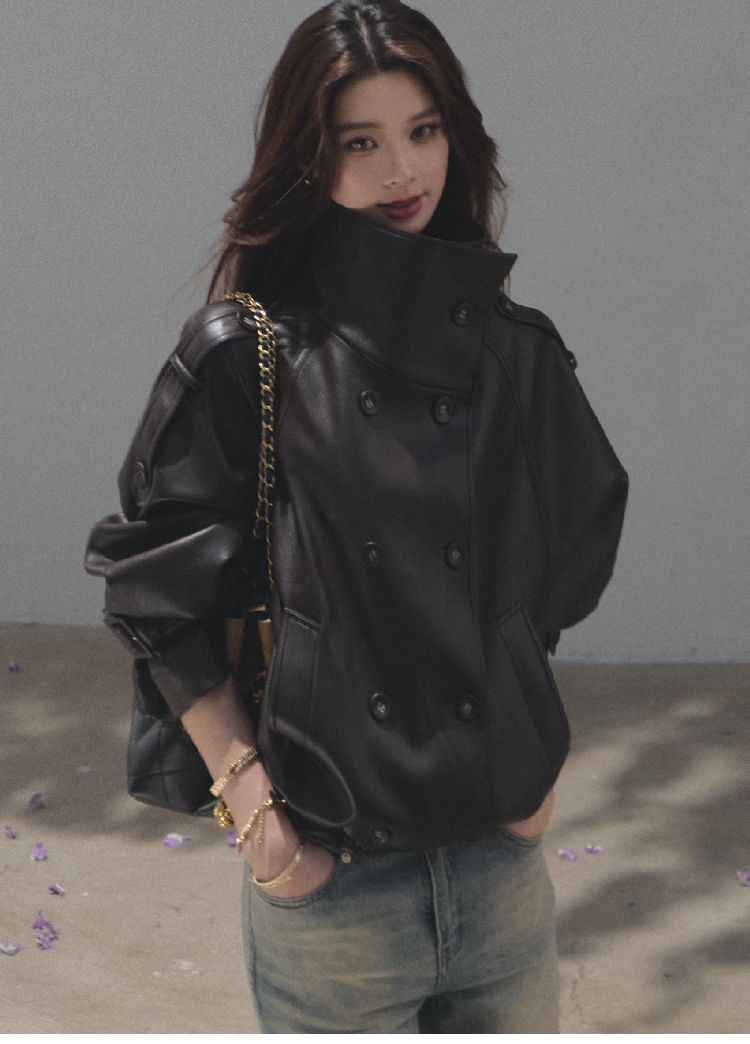 OAKMOO 여성 가죽자켓 페이크 레더블루종 하이넥 가죽점퍼 - 상세 이미지 5